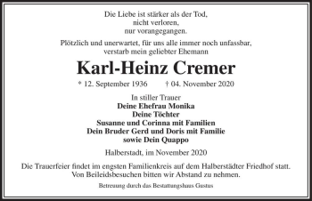 Traueranzeige von Karl-Heinz Cremer  von Magdeburger Volksstimme