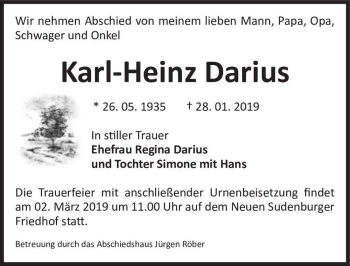 Traueranzeige von Karl-Heinz Darius  von Magdeburger Volksstimme