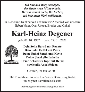 Traueranzeige von Karl-Heinz Degener  von Magdeburger Volksstimme