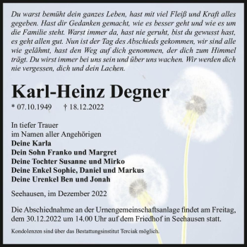 Traueranzeige von Karl-Heinz Degner  von Magdeburger Volksstimme