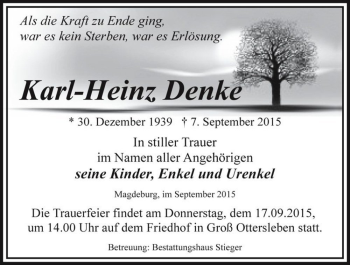 Traueranzeige von Karl-Heinz Denke  von Magdeburger Volksstimme