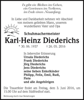 Traueranzeige von Karl-Heinz Diederichs  von Magdeburger Volksstimme
