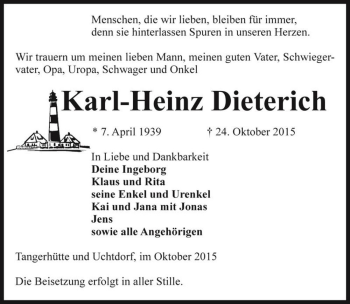 Traueranzeige von Karl-Heinz Dieterich  von Magdeburger Volksstimme