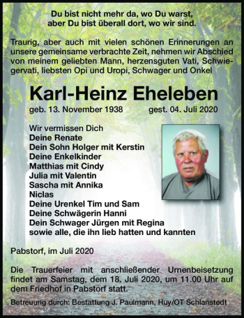 Traueranzeige von Karl-Heinz Eheleben  von Magdeburger Volksstimme