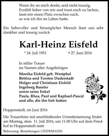 Traueranzeige von Karl-Heinz Eisfeld  von Magdeburger Volksstimme