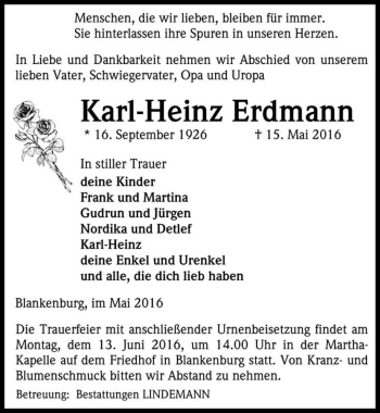 Traueranzeige von Karl-Heinz Erdmann  von Magdeburger Volksstimme