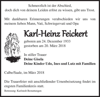 Traueranzeige von Karl-Heinz Feickert  von Magdeburger Volksstimme