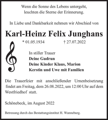Traueranzeige von Karl-Heinz Felix Junghans  von Magdeburger Volksstimme