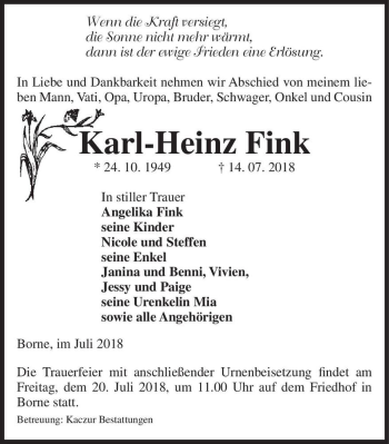 Traueranzeige von Karl-Heinz Fink  von Magdeburger Volksstimme