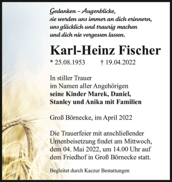 Traueranzeige von Karl-Heinz Fischer  von Magdeburger Volksstimme