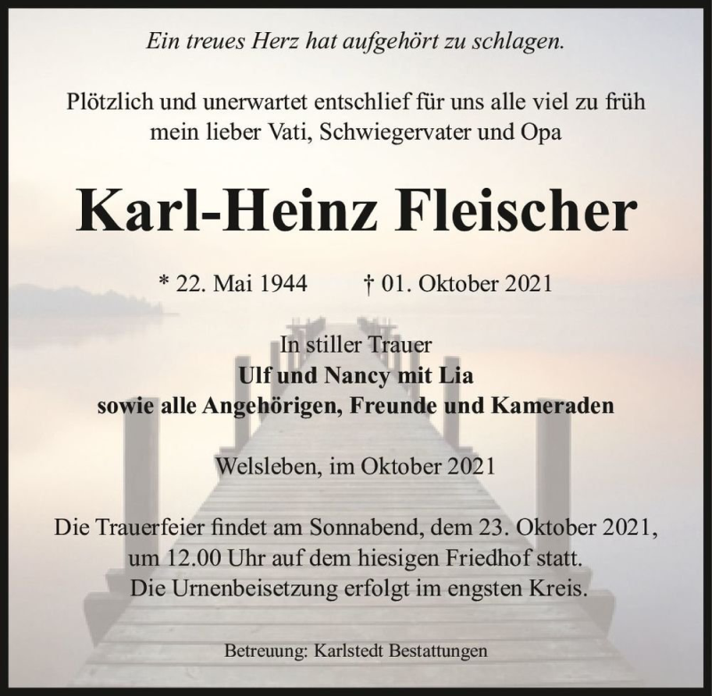  Traueranzeige für Karl-Heinz Fleischer  vom 09.10.2021 aus Magdeburger Volksstimme