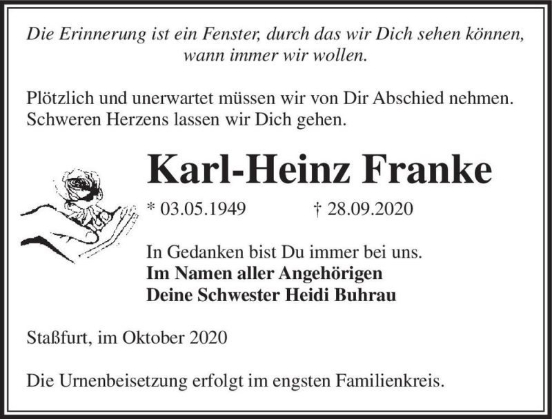  Traueranzeige für Karl-Heinz Franke  vom 02.10.2020 aus Magdeburger Volksstimme