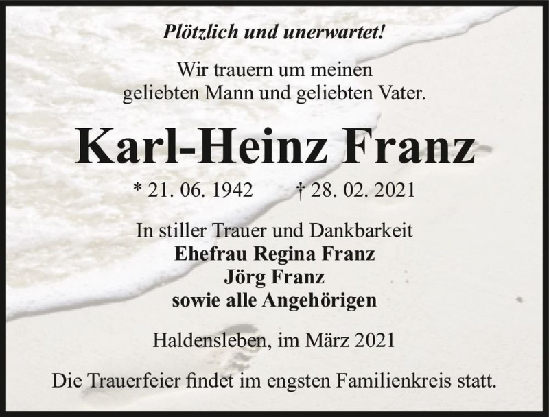  Traueranzeige für Karl-Heinz Franz  vom 06.03.2021 aus Magdeburger Volksstimme