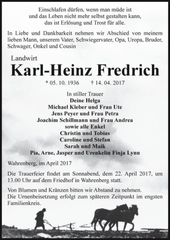 Traueranzeige von Karl-Heinz Fredrich  von Magdeburger Volksstimme