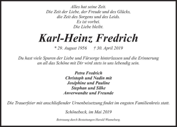 Traueranzeige von Karl-Heinz Fredrich  von Magdeburger Volksstimme