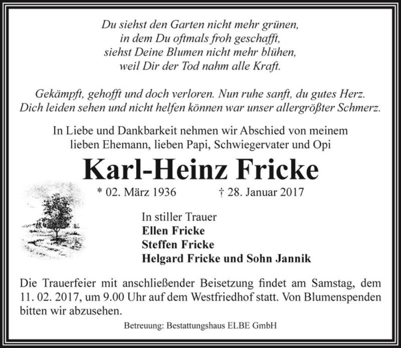  Traueranzeige für Karl-Heinz Fricke  vom 04.02.2017 aus Magdeburger Volksstimme