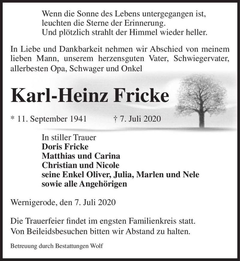  Traueranzeige für Karl-Heinz Fricke  vom 11.07.2020 aus Magdeburger Volksstimme