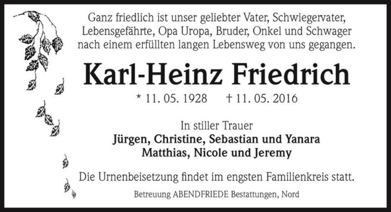  Traueranzeige für Karl-Heinz Friedrich  vom 21.05.2016 aus Magdeburger Volksstimme