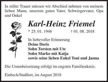 Traueranzeige von Karl-Heinz Friemel  von Magdeburger Volksstimme