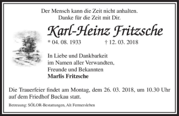 Traueranzeige von Karl-Heinz Fritzsche  von Magdeburger Volksstimme
