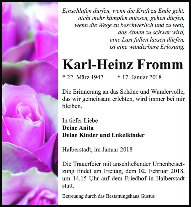  Traueranzeige für Karl-Heinz Fromm  vom 20.01.2018 aus Magdeburger Volksstimme