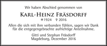 Traueranzeige von Karl-Heinz Fräsdorff  von Magdeburger Volksstimme