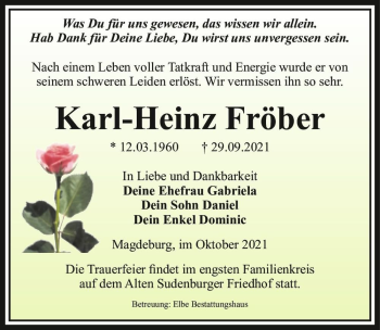 Traueranzeige von Karl-Heinz Fröber  von Magdeburger Volksstimme