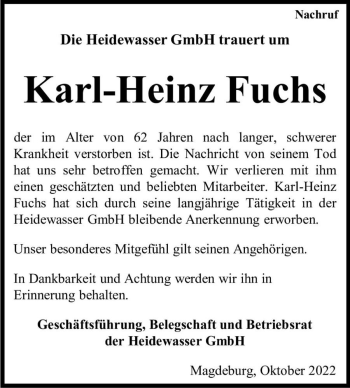 Traueranzeige von Karl-Heinz Fuchs  von Magdeburger Volksstimme