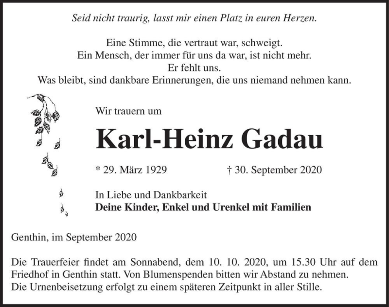  Traueranzeige für Karl-Heinz Gadau  vom 05.10.2020 aus Magdeburger Volksstimme