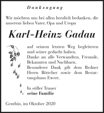 Traueranzeige von Karl-Heinz Gadau  von Magdeburger Volksstimme