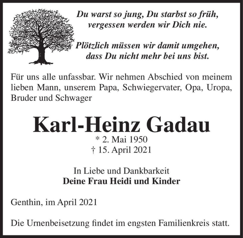  Traueranzeige für Karl-Heinz Gadau  vom 24.04.2021 aus Magdeburger Volksstimme