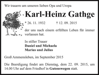Traueranzeige von Karl-Heinz Gathge  von Magdeburger Volksstimme