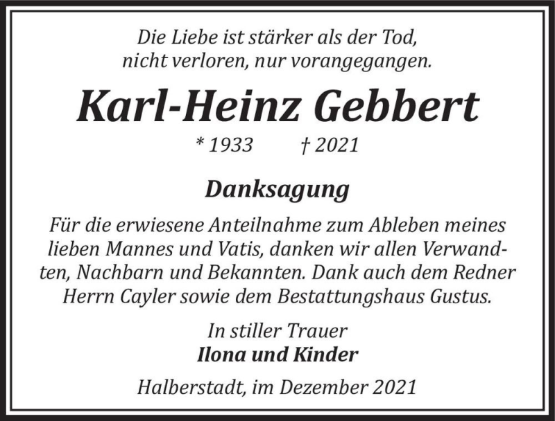  Traueranzeige für Karl-Heinz Gebbert  vom 08.01.2022 aus Magdeburger Volksstimme
