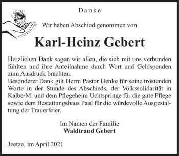 Traueranzeige von Karl-Heinz Gebert  von Magdeburger Volksstimme