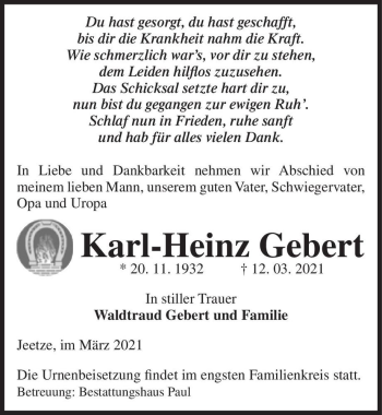 Traueranzeige von Karl-Heinz Gebert  von Magdeburger Volksstimme