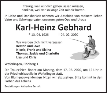 Traueranzeige von Karl-Heinz Gebhard  von Magdeburger Volksstimme
