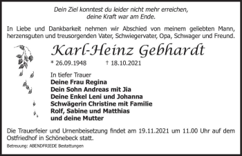 Traueranzeige von Karl-Heinz Gebhardt  von Magdeburger Volksstimme
