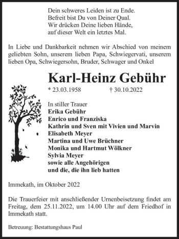 Traueranzeige von Karl-Heinz Gebühr  von Magdeburger Volksstimme