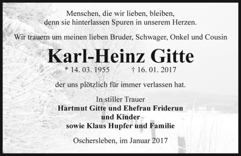  Traueranzeige für Karl-Heinz Gitte  vom 21.01.2017 aus Magdeburger Volksstimme