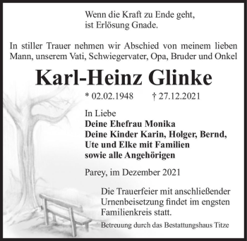 Traueranzeige von Karl-Heinz Glinke  von Magdeburger Volksstimme