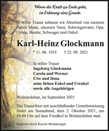 Traueranzeige von Karl-Heinz Glockmann  von Magdeburger Volksstimme