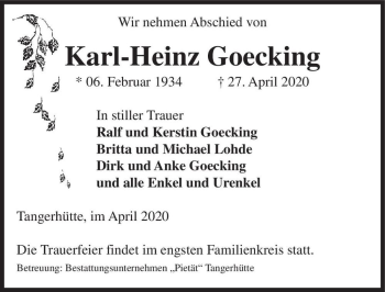 Traueranzeige von Karl-Heinz Goecking  von Magdeburger Volksstimme