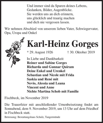 Traueranzeige von Karl-Heinz Gorges  von Magdeburger Volksstimme
