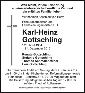 Traueranzeige von Karl-Heinz Gottschling  von Magdeburger Volksstimme