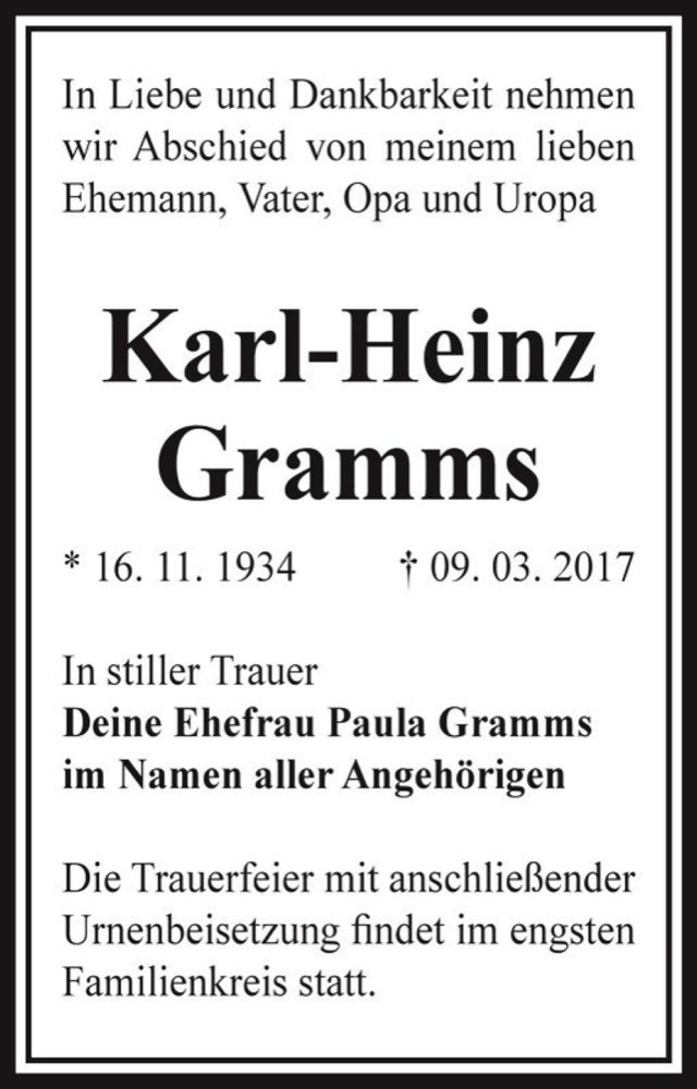  Traueranzeige für Karl-Heinz Gramms  vom 18.03.2017 aus Magdeburger Volksstimme