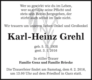 Traueranzeige von Karl-Heinz Grehl  von Magdeburger Volksstimme