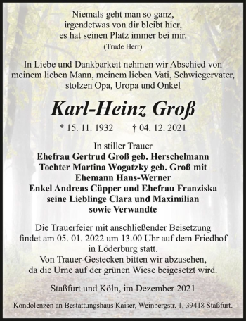 Traueranzeige von Karl-Heinz Groß  von Magdeburger Volksstimme