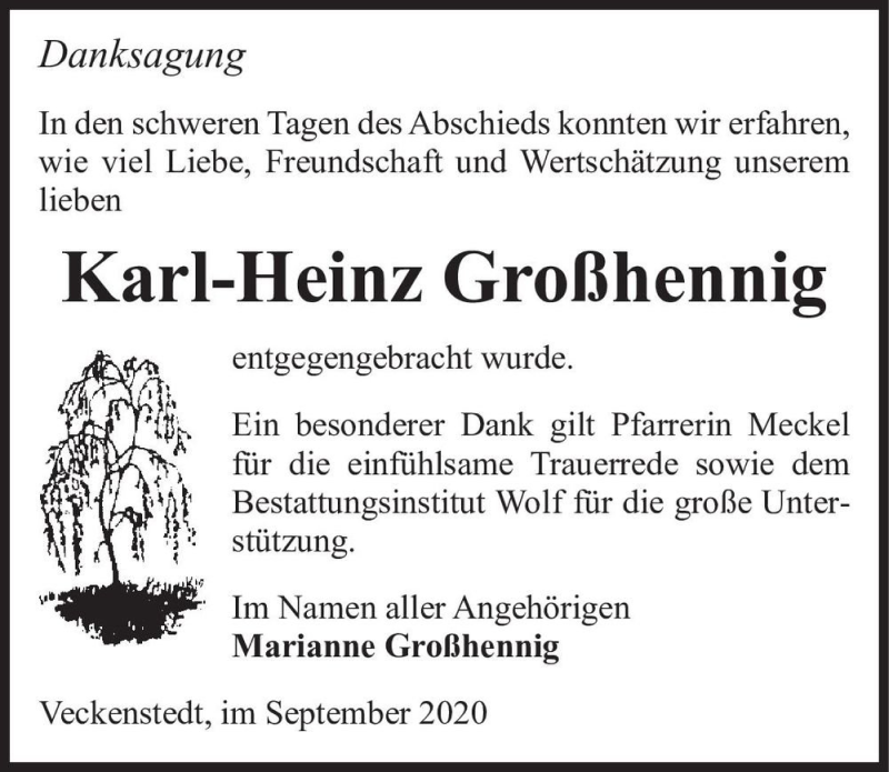  Traueranzeige für Karl-Heinz Großhennig  vom 19.09.2020 aus Magdeburger Volksstimme