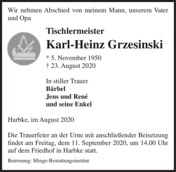 Traueranzeige von Karl-Heinz Grzesinski  von Magdeburger Volksstimme