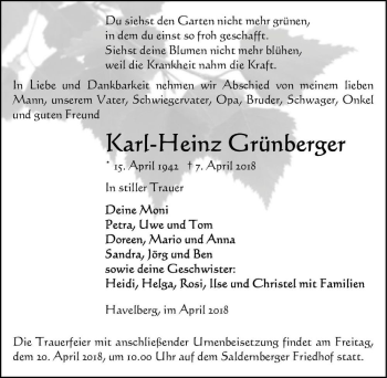 Traueranzeige von Karl-Heinz Grünberger  von Magdeburger Volksstimme